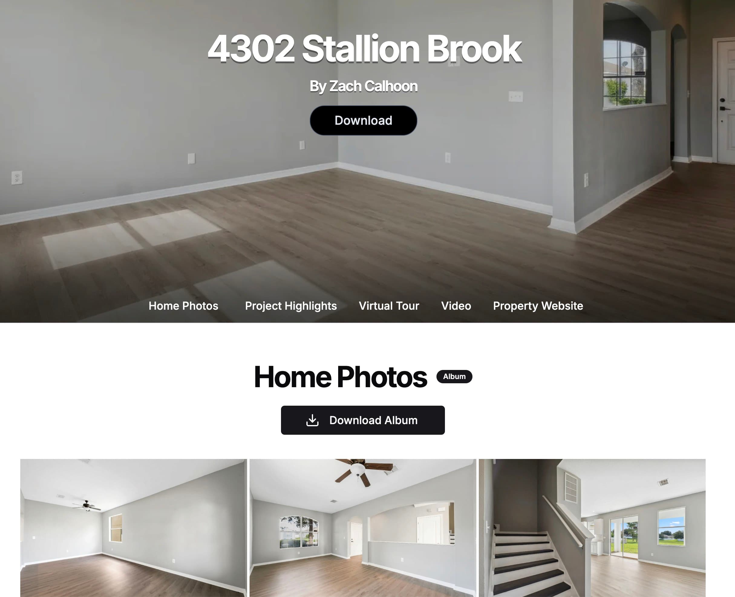 A Pictastic project site for a listing, showing the photo gallery grid above a bar prompting the client to pay to unlock and download the full-resolution media.