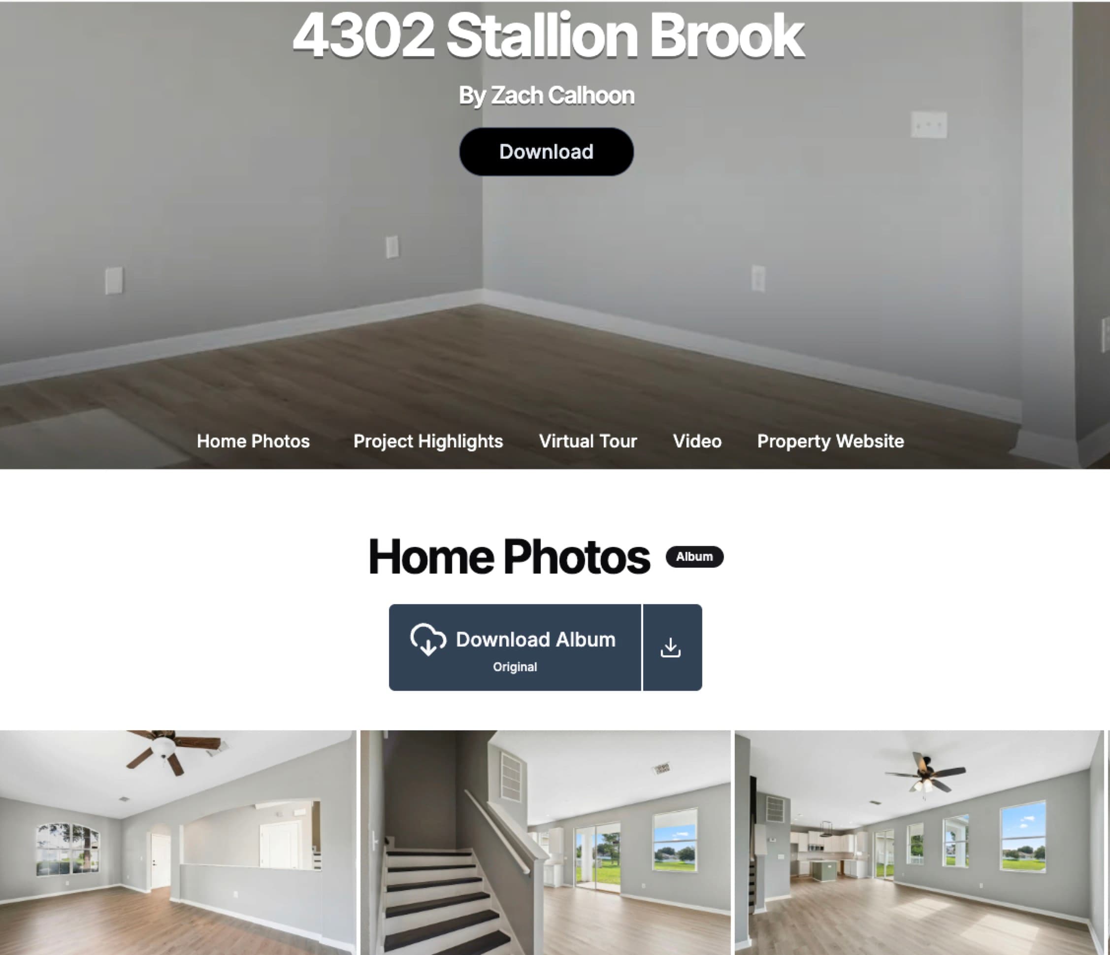 The Pictastic drag-and-drop builder, arranging photo, video, and virtual tour sections into a branded property website.