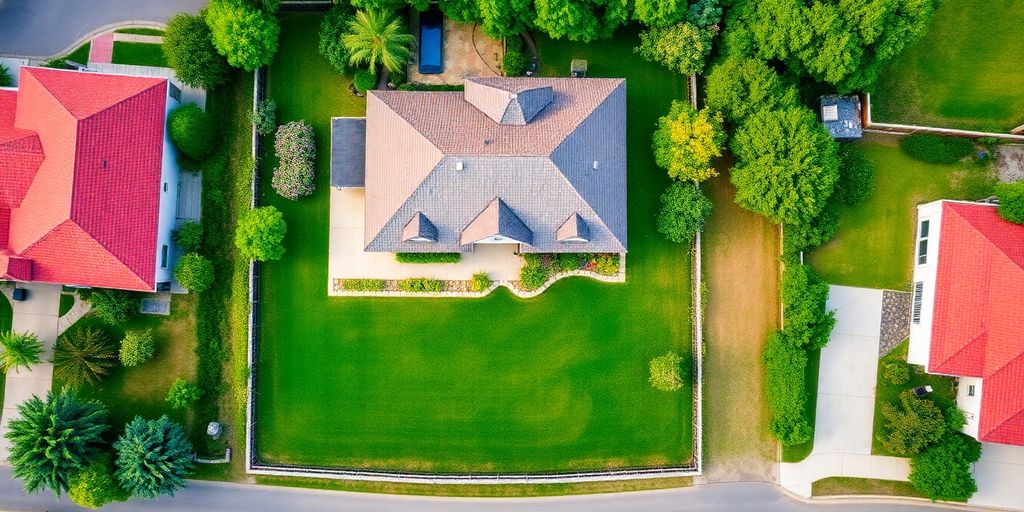Aerial view of a residential property with green landscape.