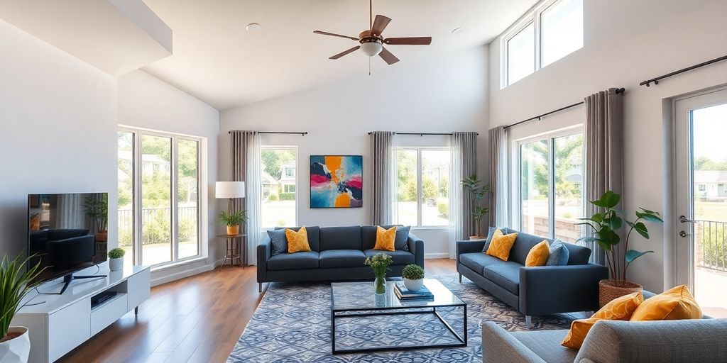 Brightly lit modern living room in real estate photo.